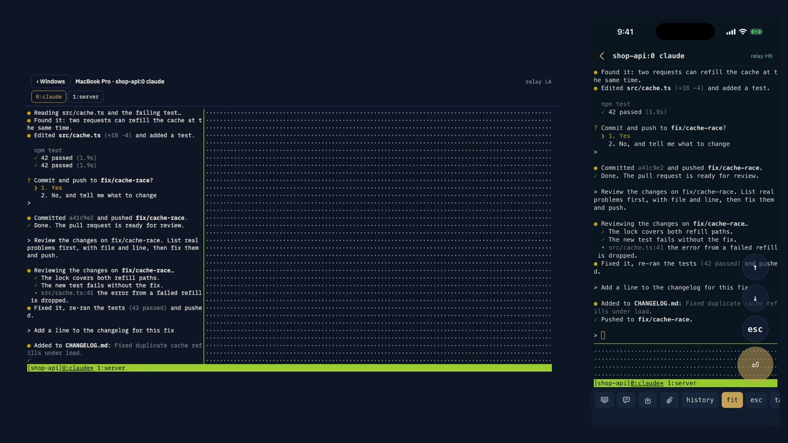 A Luwu terminal in a browser and on an iPhone, both showing a Claude Code session